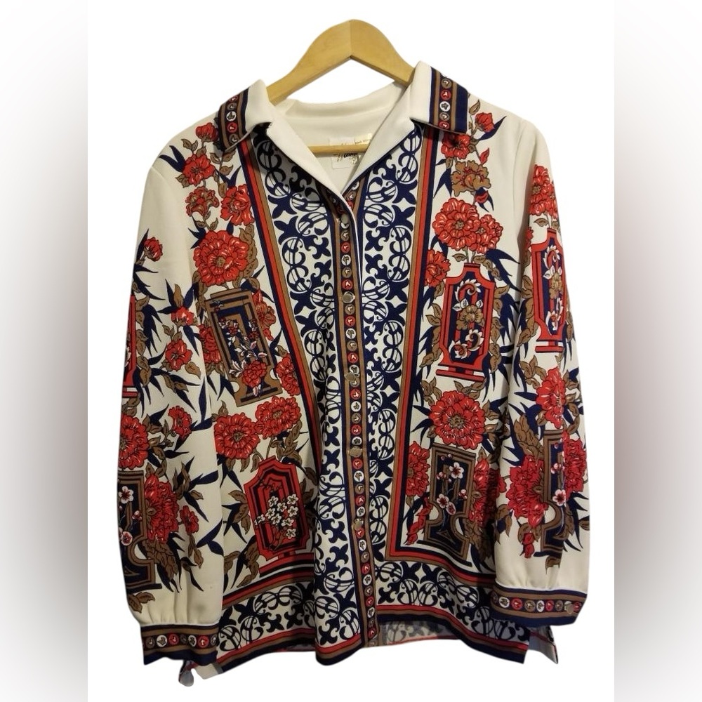 VTG 1960’s/70s Hamilton 8 Abstract Floral Polyester Shacket Top Dagger Collar